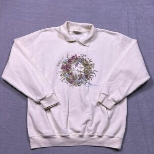 Northern Reflections Women's Cream Floral Bird Embroidered Collared Sweatshirt L